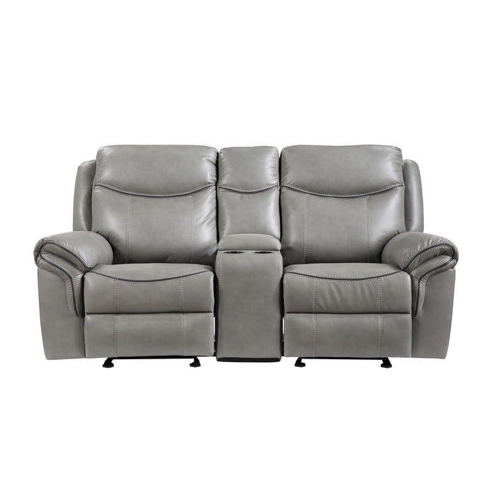 8206GRY-2 - Sofá biplaza reclinable tipo balancín doble con consola central, enchufes y puertos USB